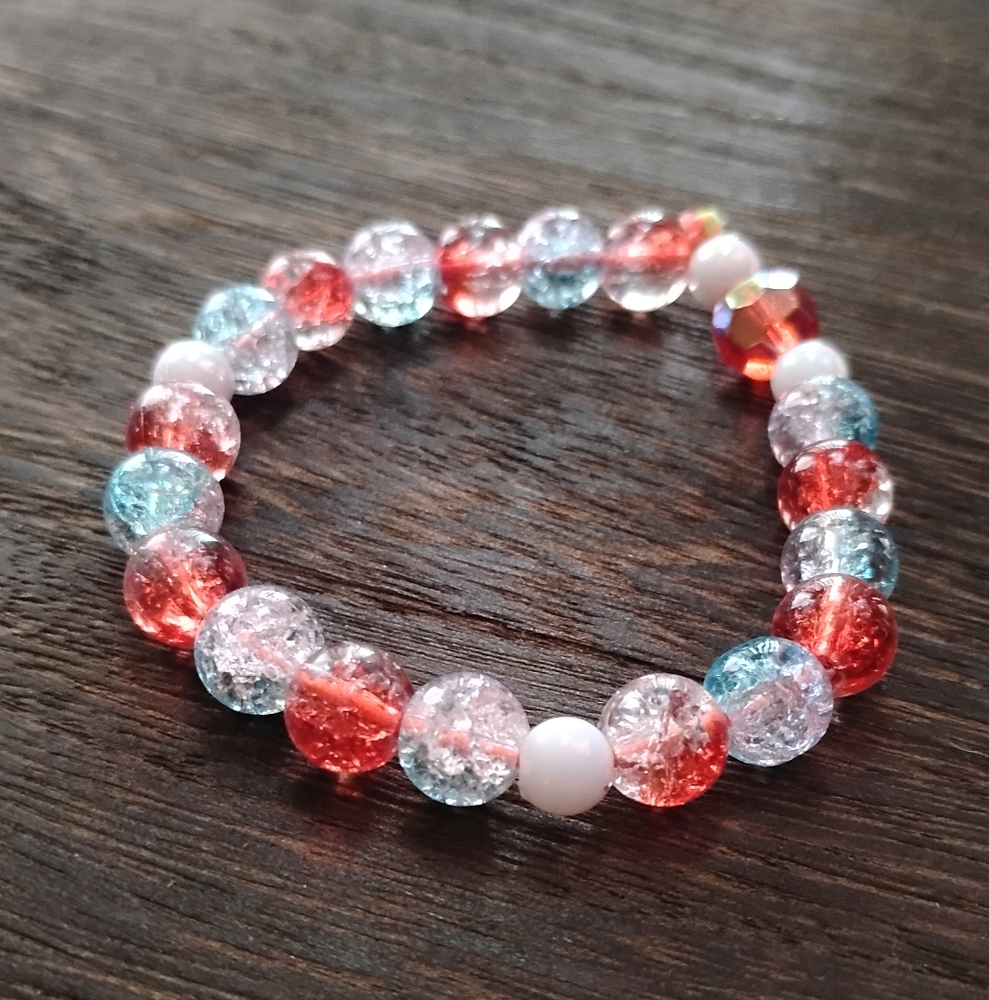 Red White And Blue Beaded Bracelet With Red Gemstone Bead